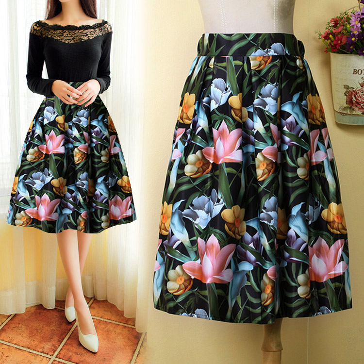Fashion Lady Women High Waist Print A-line Pleated Midi Swing Skirt