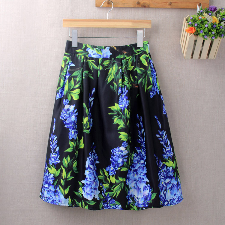 Fashion European Style Women Elastic Waist Big Flower Printed Loose Puff Midi Skirt