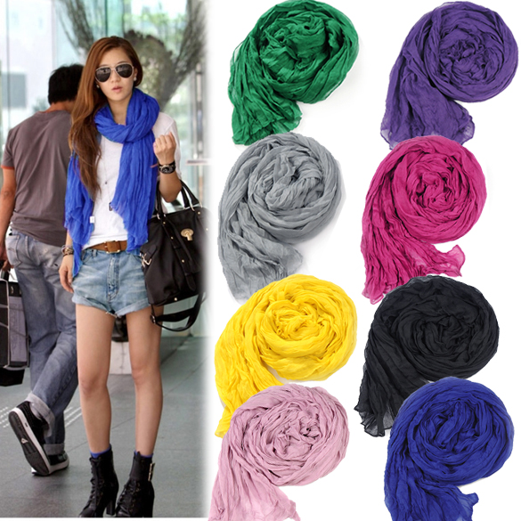 Women's Long Crinkle Scarf Wraps Soft Shawl Stole Pure Color