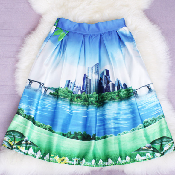 Stylish Lady Women's Fashion Casual Print Pleated Loose Knee Length Skirt