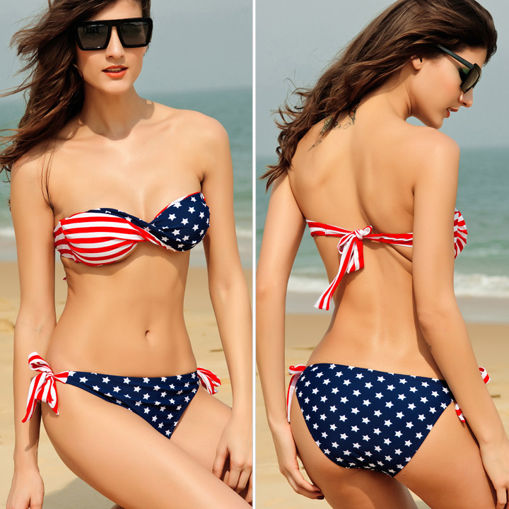 Stars Stripes Padded Twisted Bandeau American Flag Swimwear Bikini