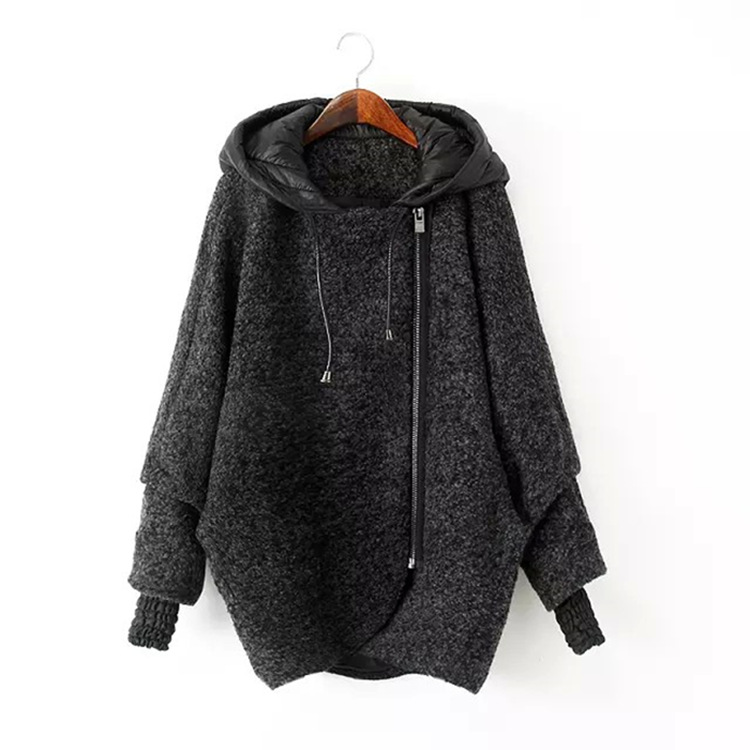 Womens Irregular Woolen Zipper Hooded Coat