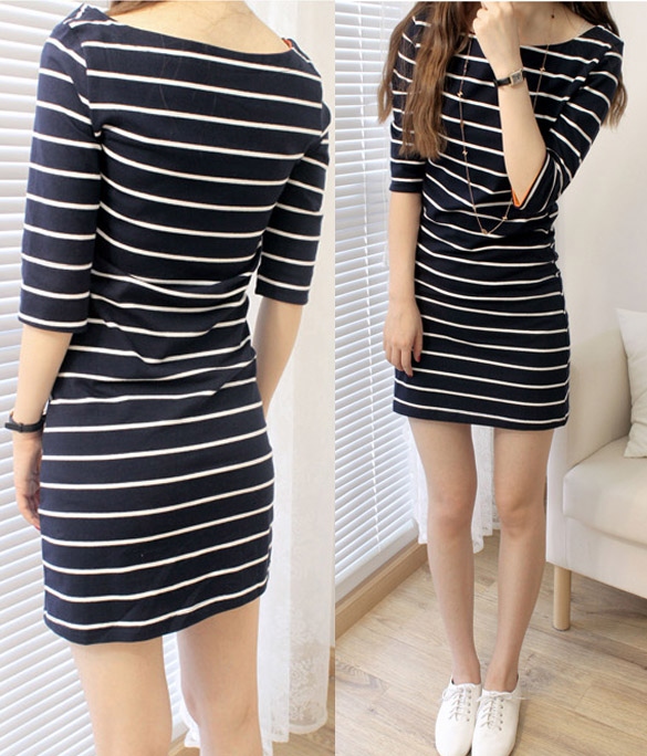 Women Striped Half Sleeve Over Hip Slim One-piece Dress