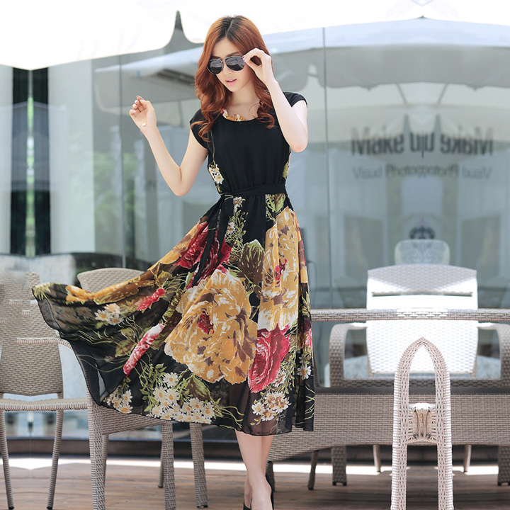 Bohemian Style Short Sleeve Long Chiffon Dress