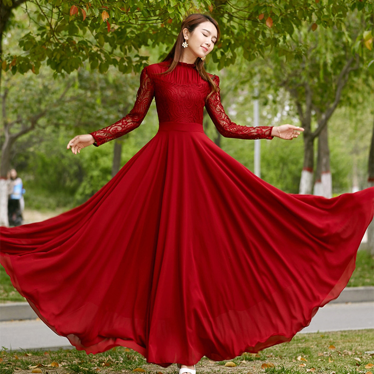 Charming Long Lace Sleeves Pleated Chiffon Long Red Maxi Dress（al160524024）