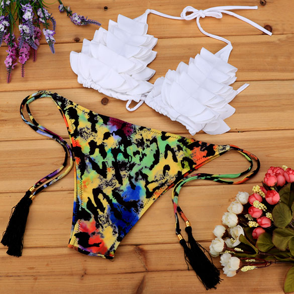 Sexy Women's Halter Bikinis Set Beach Swimsuit Swimwear Push Up Padded Printed Bra And Briefs