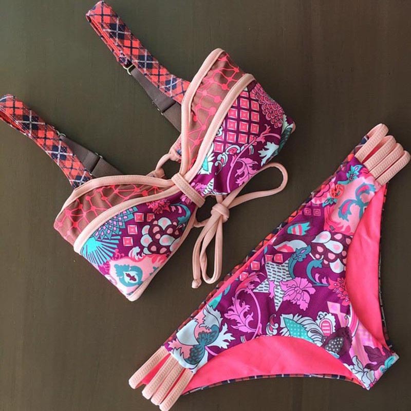 Bowknot Flower Print Spaghetti Strap Cut Out Bikini Set Swimwear
