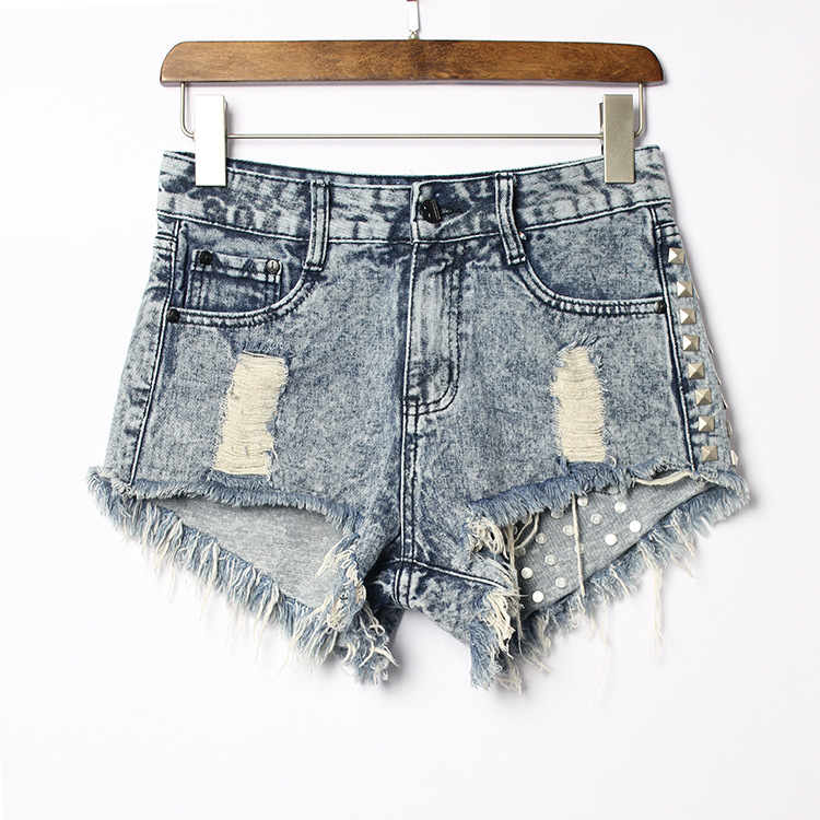 Rivet Rough Edges Loose Ripped Holes Denim Shorts