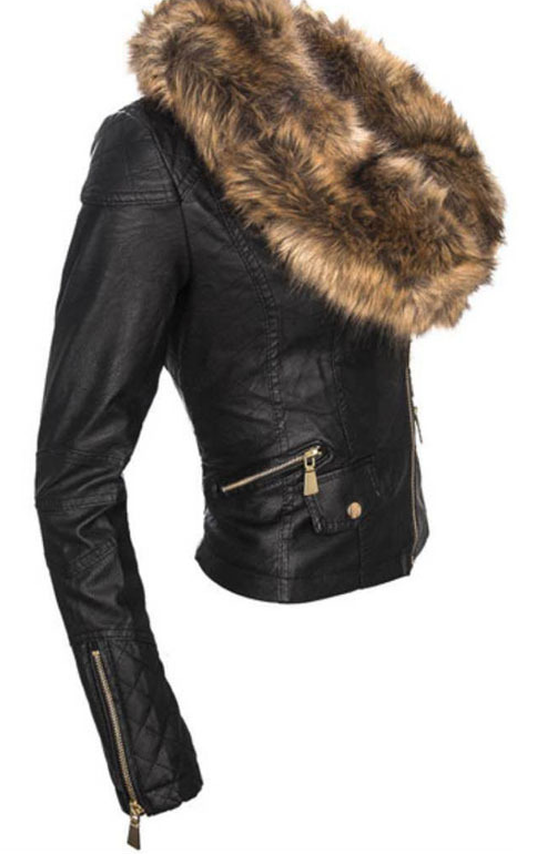 Black Faux Fur Collar Oblique Zipper Crop Pu Jacket