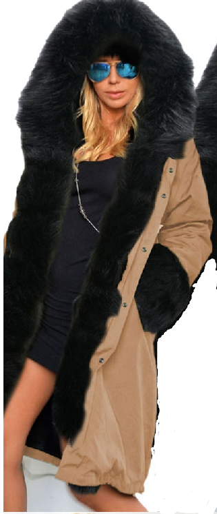 Zipper Hooded Faux Fur Cuff Long Cotton Coat