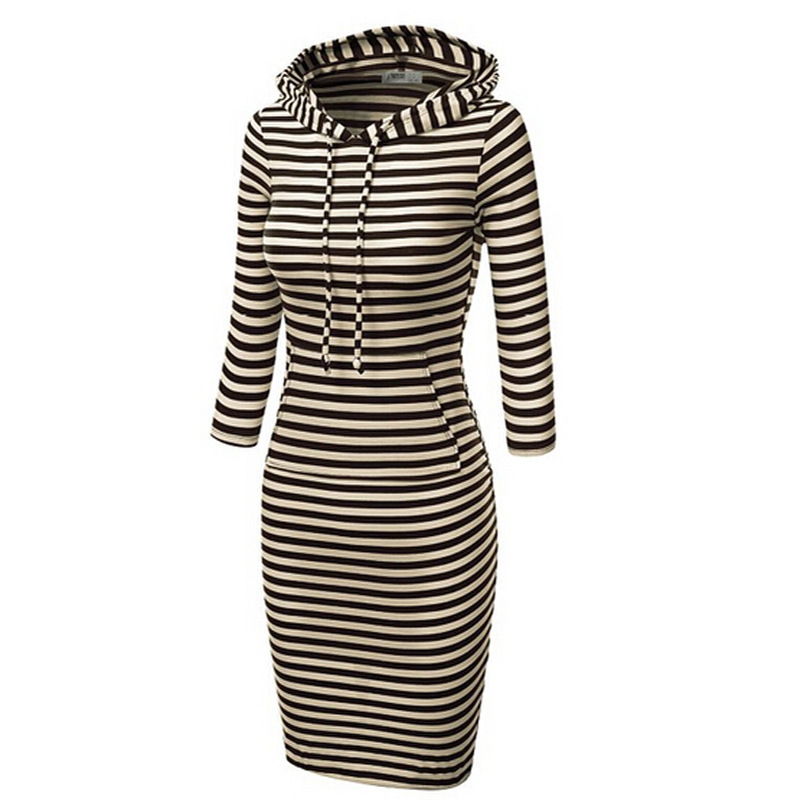 Hooded Mid-Calf Striped Slim Fashion Sweat Dress