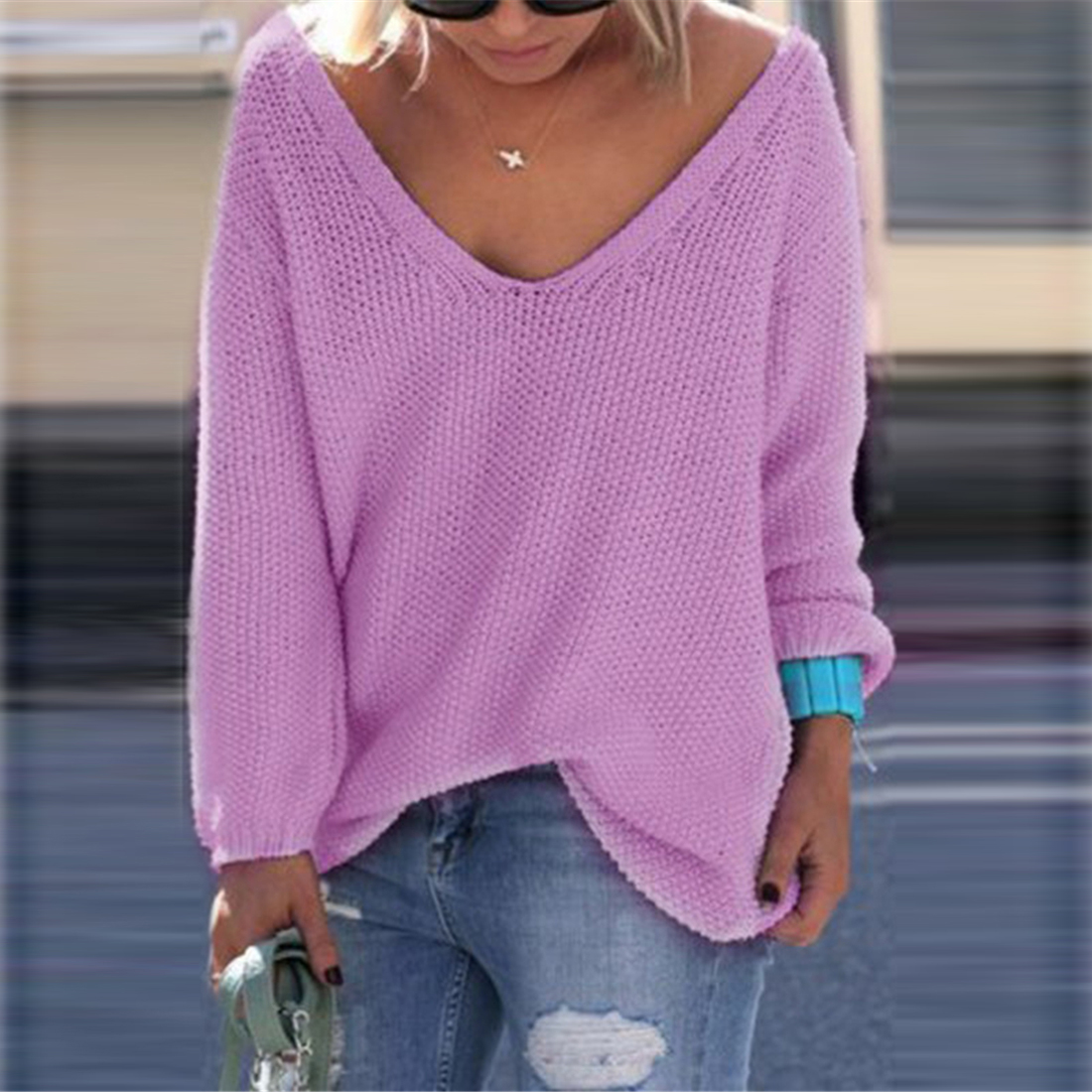 V-neck Loose Knit Pure Color Pullover Sweater