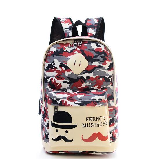 Fashion Canvas Camouflage Mustache Cartoon School Backpack Bag