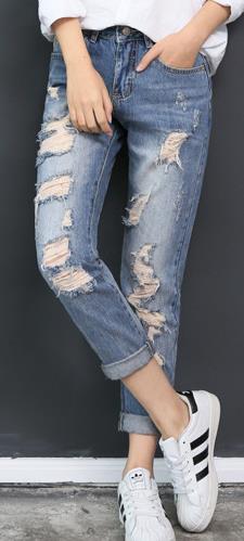 Rolled Ripped Hole Beggar Loose Bf Jeans