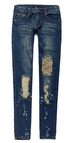 Ripped High Waist Rolled Hem Skinny Holes Slim Leopard grain Patchwork Fashion Jeans