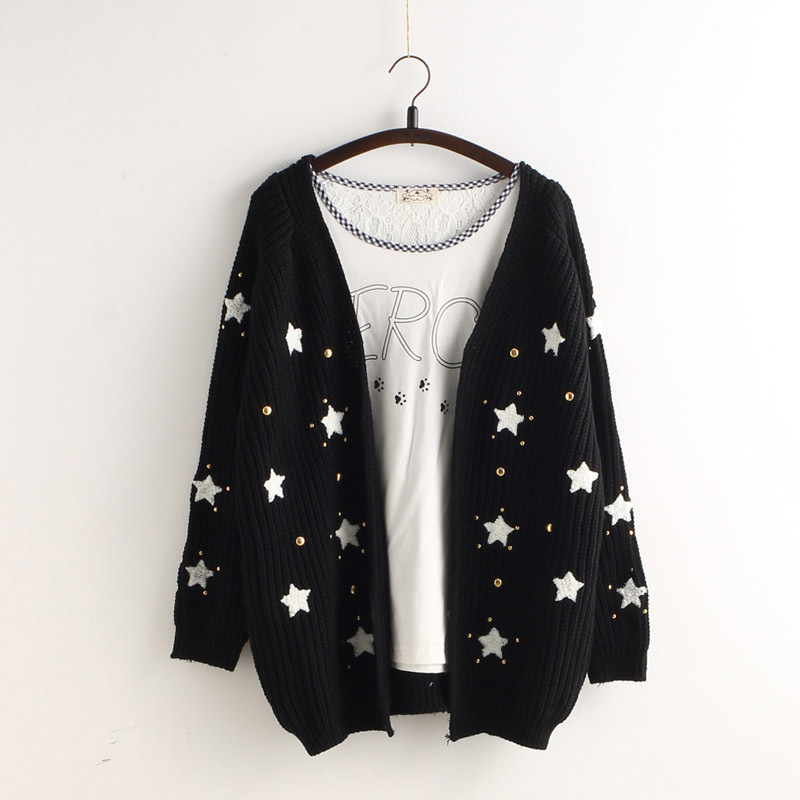 Star Print Knit Cardigan Embroidery Loose V-neck Sweater