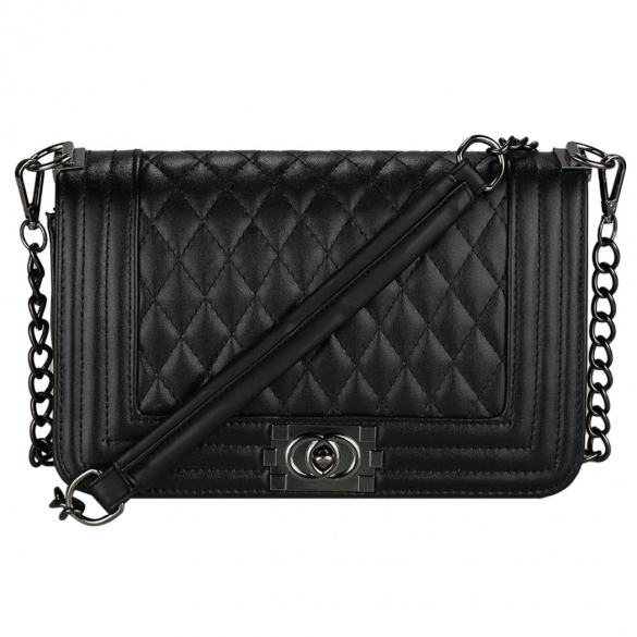 Black Leather Crossbody Bag With Quilted Texture And Chain Straps