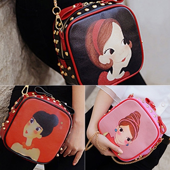 Fashion Women Synthetic Leather Rivet Decorated Character Pattern Shoulder Bag Messenger Bag Clutch Bag