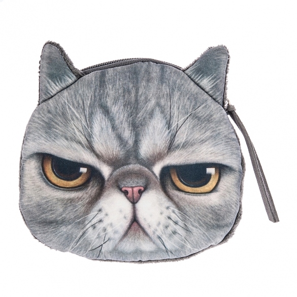 Hot Fashion New Women Lady 3D Cat Face Pattern Coin Purse Wallet Clutch Bag Cute Cat Change Purse Dark Gray