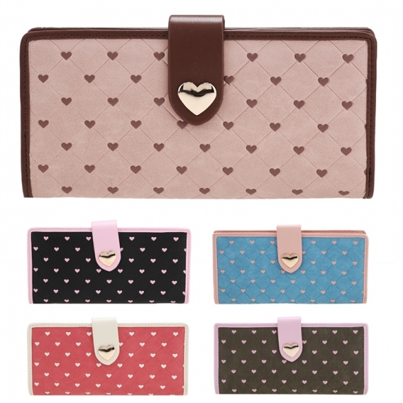 Women Synthetic Leather Plaid Money Card Slot Button Zipper Closure Folded Casual Long Wallet Purse