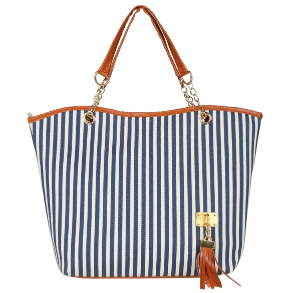 Navy And White Stripes Canvas Tote Bag With Leather And Chain Shoulder Straps