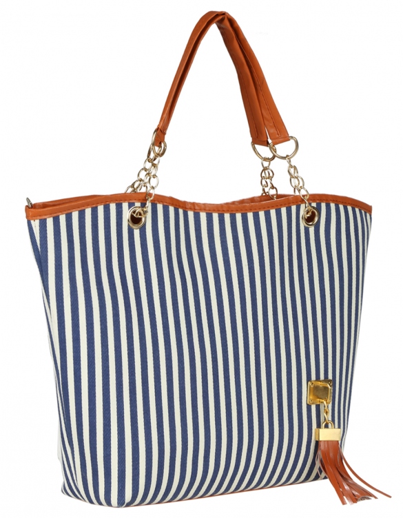 Navy And White Stripes Canvas Tote Bag With Leather And Chain Shoulder