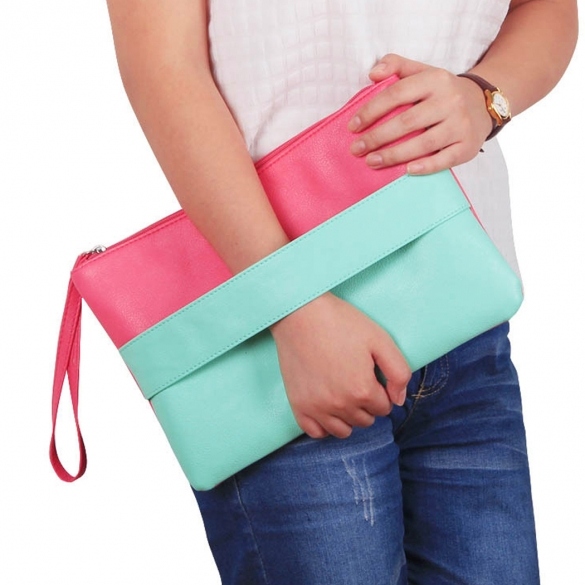Fashion Lady Women's Artificial Leather Contrast Color Zipper Packet Hand Bag Clutch Bag