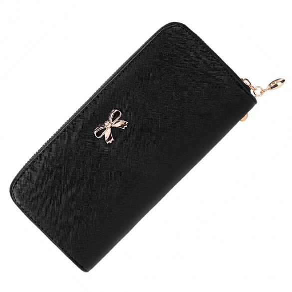 Women Fashion Synthetic Leather Zip Around Solid Purse Credit ID Card Holder Long Clutch Wallet With Wrist Strap