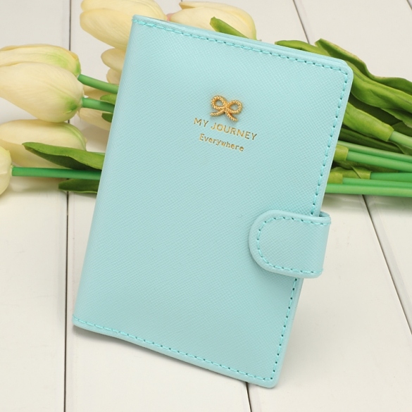 Women Fashion Synthetic Leather Button Candy Color Folded Travel Journey Passport Id Card Holder