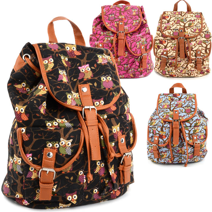 Women Cute Cartoon Owls Pattern Canvas Backpack Shoulder Bag Students Schoolbag Book Bag