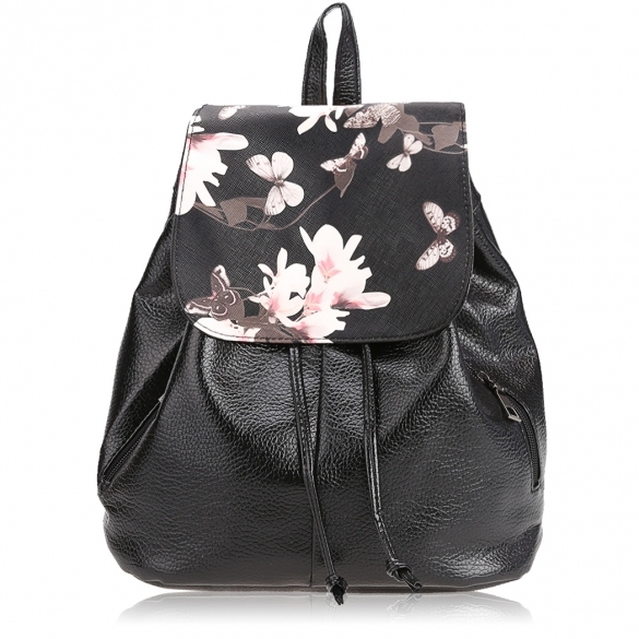 Floral Print Backpack With Front Flap And Drawstring Closure
