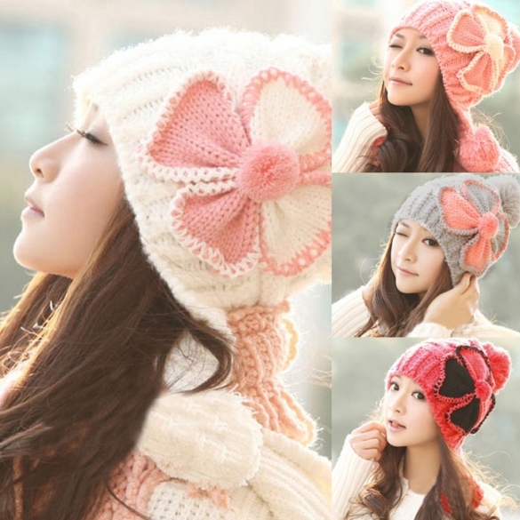 Stylish Women's Knit Winter Warm Cap Hat Ski Slouch Flower Pattern