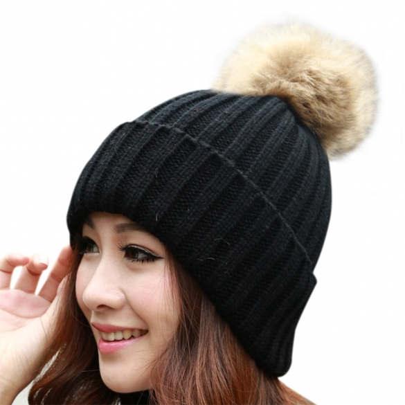 Women's Knit Cap Beanie Hat With Fur Winter Slouch Elastic