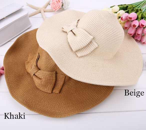 Fashion Women's Foldable Wide Brim Bowknot Decoration Beach Straw Hat Cap