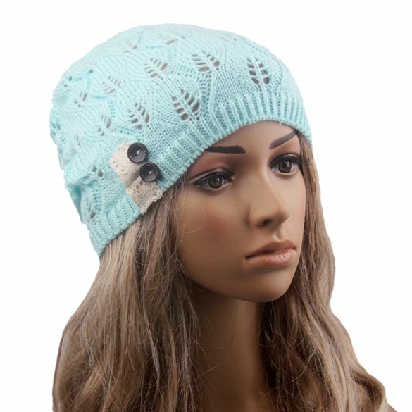 Stylish Ladies Women Wool Button Lace Patchwork Knitted Warm Hat