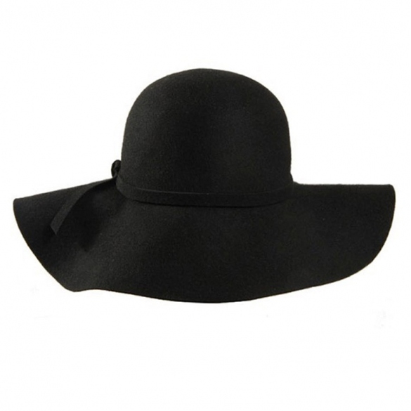Fashion Retro Style Lady Women Wide Brim Wool Felt Bowler Fedora Hat Floppy Cloche Black