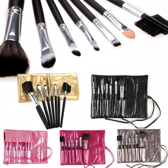 7 Pcs Cosmetic Tool Makeup Brush Set Kit With Portable Roll Up Synthetic Leather Case