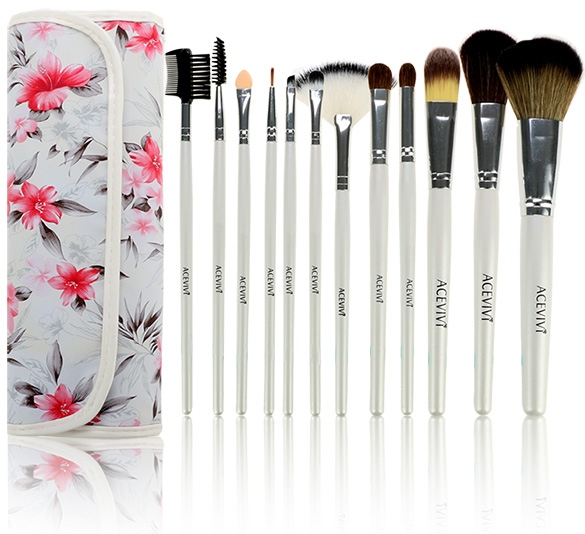 Acevivi Fashion Women's Professional 12pcs Soft Cosmetic Tool Makeup Brush Set Kit With Floral Printed Pouch