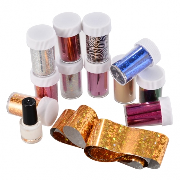Fashion Practical Nail Art Accessories 12 Colors Transfer Foil Stickers And Glue Set