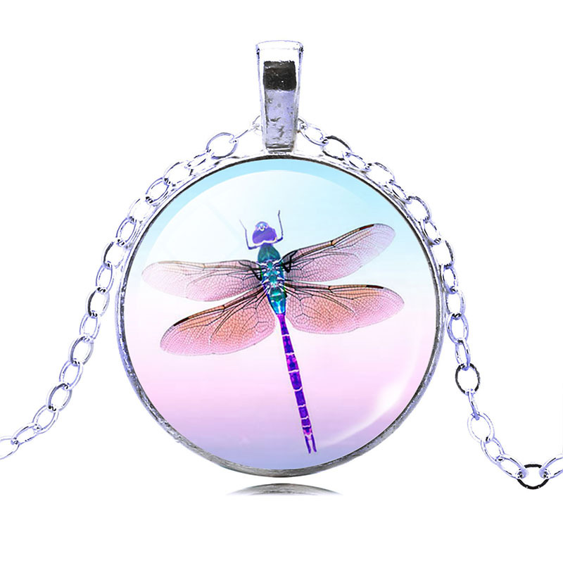 Dragonfly Time Cameo Glass Sweater Pendant Necklace