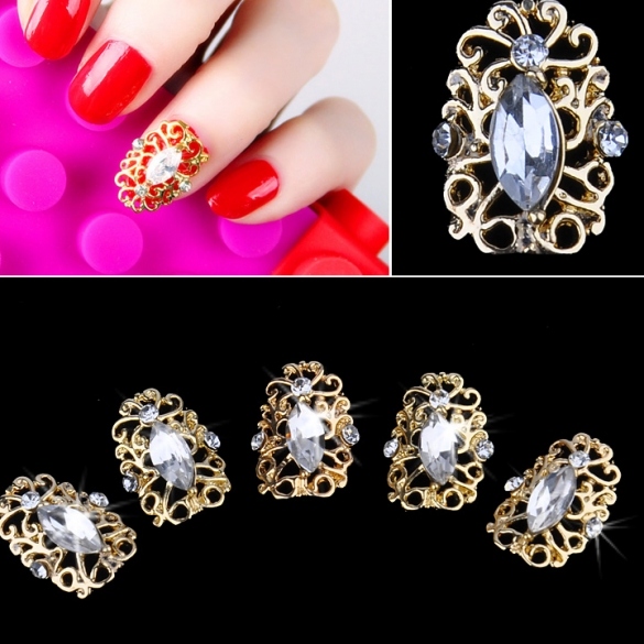 Golden Plate 3D Hollow Crystal Stickers Metal Alloy Rhinestone Full Nail Art