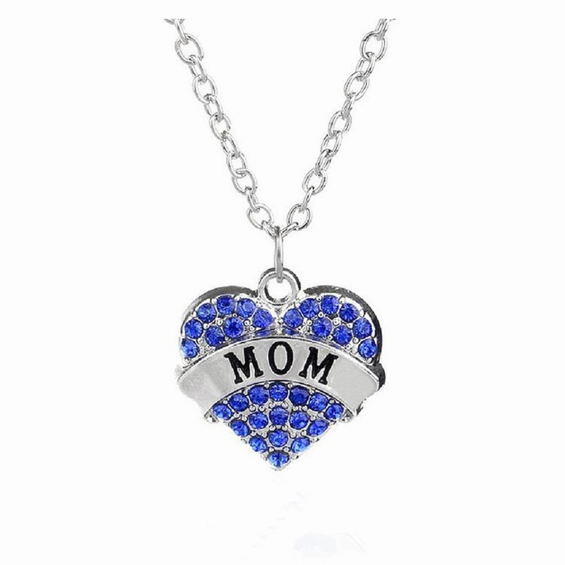 Heart Shape Diamond Embellished Necklace With Mom / Sister Engraved - Blue , White , Pink