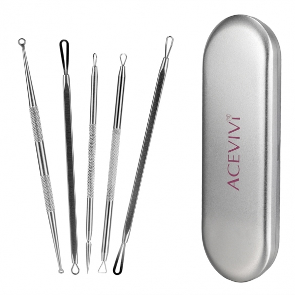 Acevivi 5 Pieces Stainless Steel Blackhead Kit Set Double-sided Tool Professional Health Treatment For Pimples Acne Extractors Smooth Nose Facial