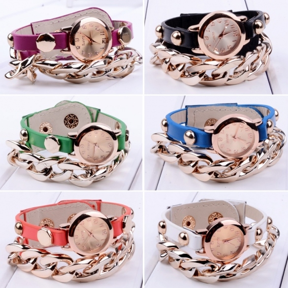 Women Punk Gold Plated Multicolor Wristwatch Synthetic Leather Chain Watches