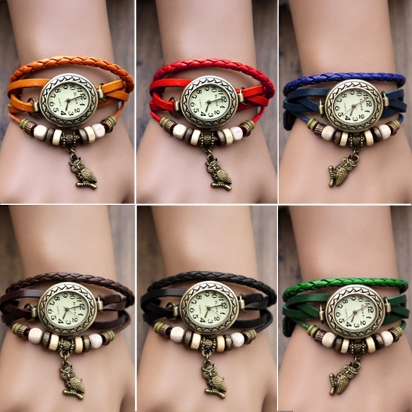 Women Leather Wrist Watch Bracelet Retro Owl Pendant Weave Wrap Quartz