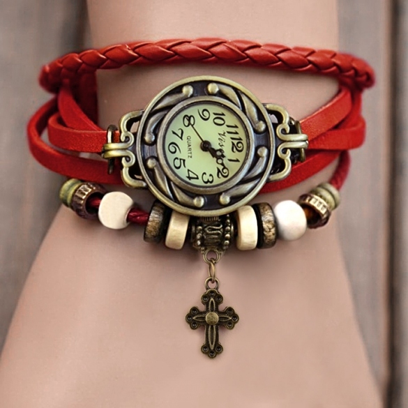 Women's Quartz Cruciate Flower Pendant Weave Wrap Bracelet Wrist Watch