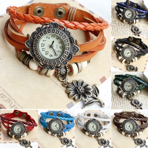 Quartz Sunflower Weave Wrap Synthetic Leather Bracelet Women's Wrist Watch