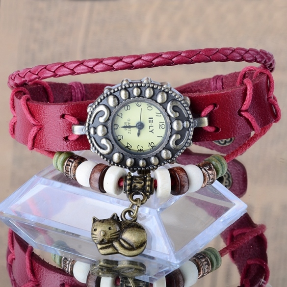 Lady Bracelet Vintage Style Synthetic Leather Wristwatch With Kitten Cat Pendant