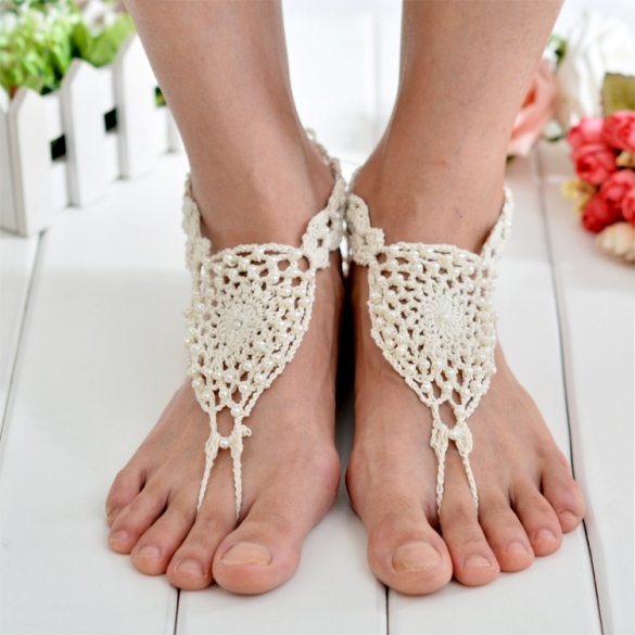 Hot Fashion Women Hand-made Knit Crochet Hollow Out Beads Lace Up Casual Beach Anklets Bracelets