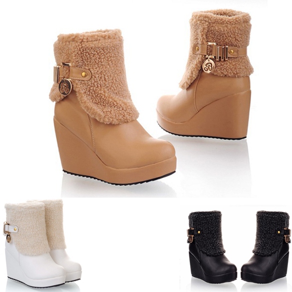 PU Leather Faux Fur Tassel Wedge Boots